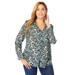 Plus Size Women's V-Neck Blouse by Jessica London in Olive Multi Feather (Size 14 W)