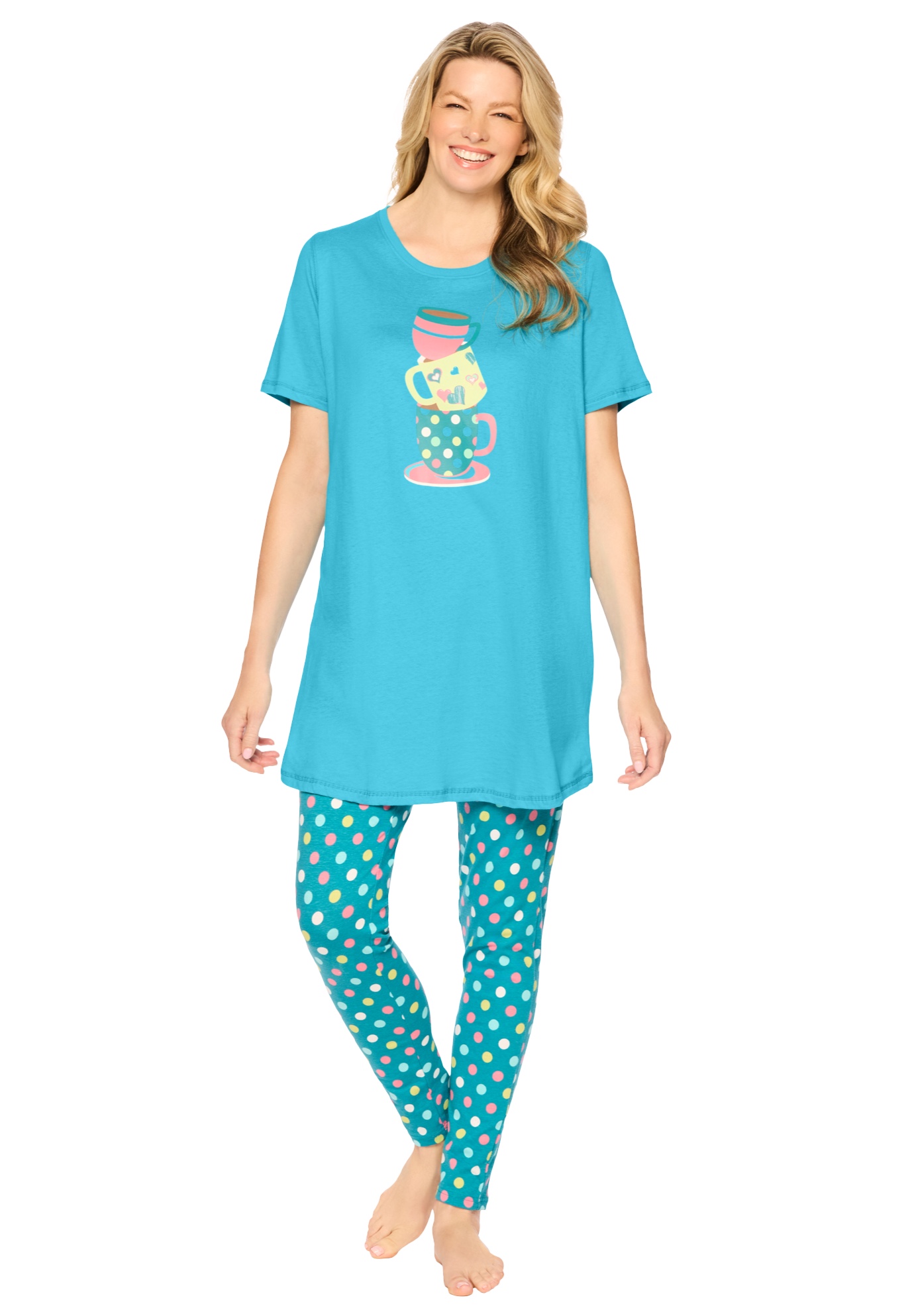 Plus Size Women's Graphic Tunic PJ Set by Dreams & Co. in Caribbean Blue Multi Dot (Size 38/40) Pajamas