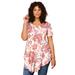 Plus Size Women's Swing Ultra Femme Tunic by Roaman's in Coral Watercolor Paisley (Size 34/36) Short Sleeve V-Neck Shirt