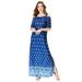 Plus Size Women's Ultrasmooth® Fabric Cold-Shoulder Maxi Dress by Roaman's in Blue Border Print (Size 14/16)