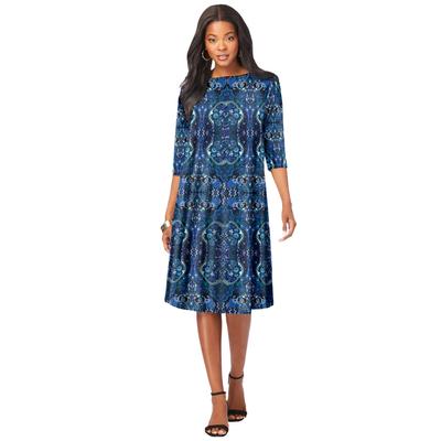 Plus Size Women's Ultrasmooth® Fabric Boatneck Swing Dress by Roaman's in Blue Mirrored Medallion (Size 18/20)