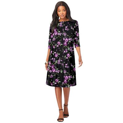 Plus Size Women's Ultrasmooth® Fabric Boatneck Swing Dress by Roaman's in Purple Rose Floral (Size 22/24)