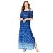 Plus Size Women's Ultrasmooth® Fabric Cold-Shoulder Maxi Dress by Roaman's in Blue Border Print (Size 42/44) Long Stretch Jersey