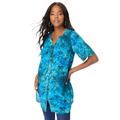 Plus Size Women's Short-Sleeve Angelina Tunic by Roaman's in Deep Turquoise Tie Dye Floral (Size 14 W) Long Button Front Shirt