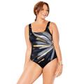 Plus Size Women's Chlorine Resistant Square Neck Tummy Control One Piece Swimsuit by Swimsuits For All in Black Gold Starburst (Size 22)