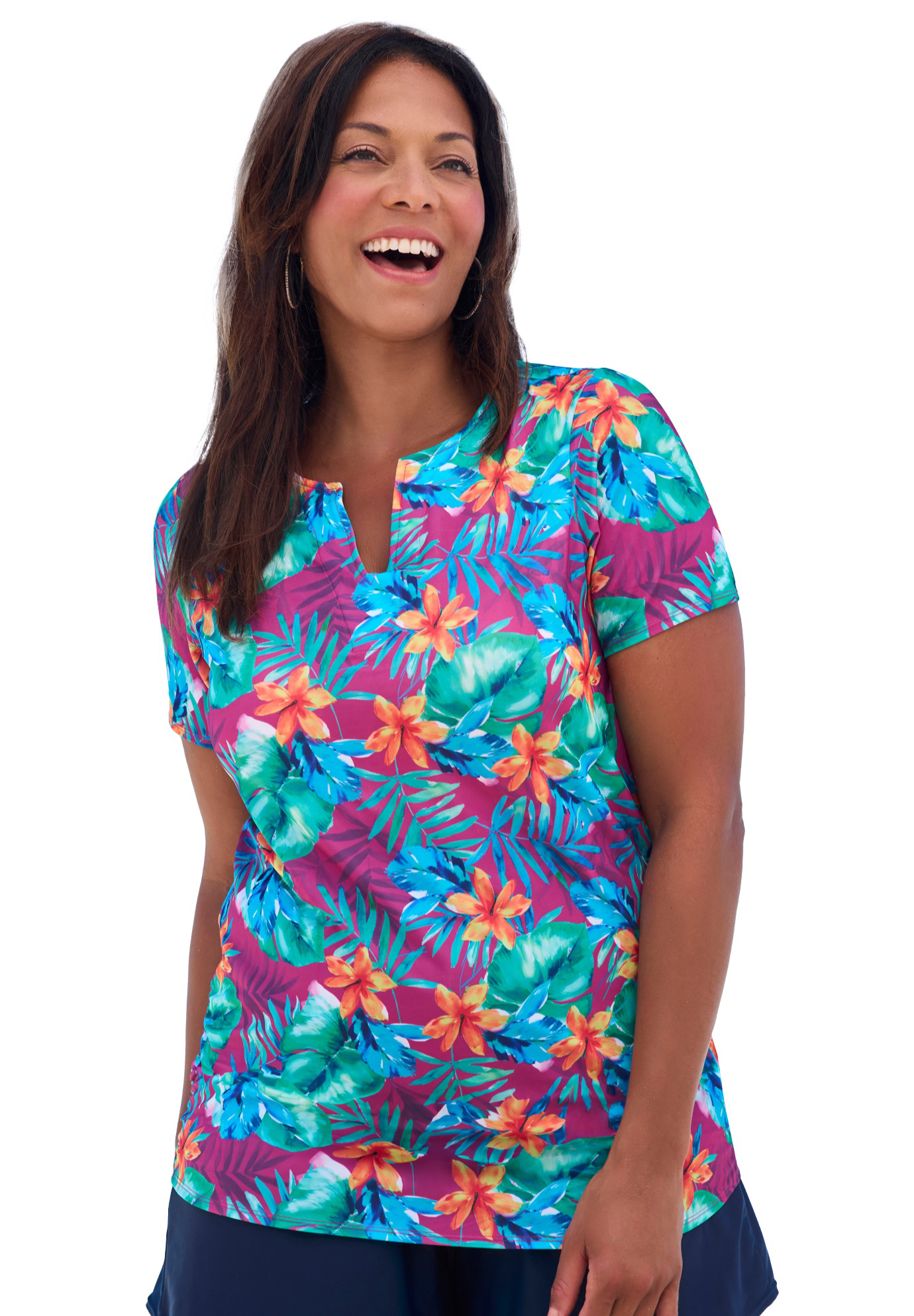 Plus Size Women's Split-Neck Short Sleeve Swim Tee with Built-In Bra by Swim 365 in Hula Palm (Size 22)