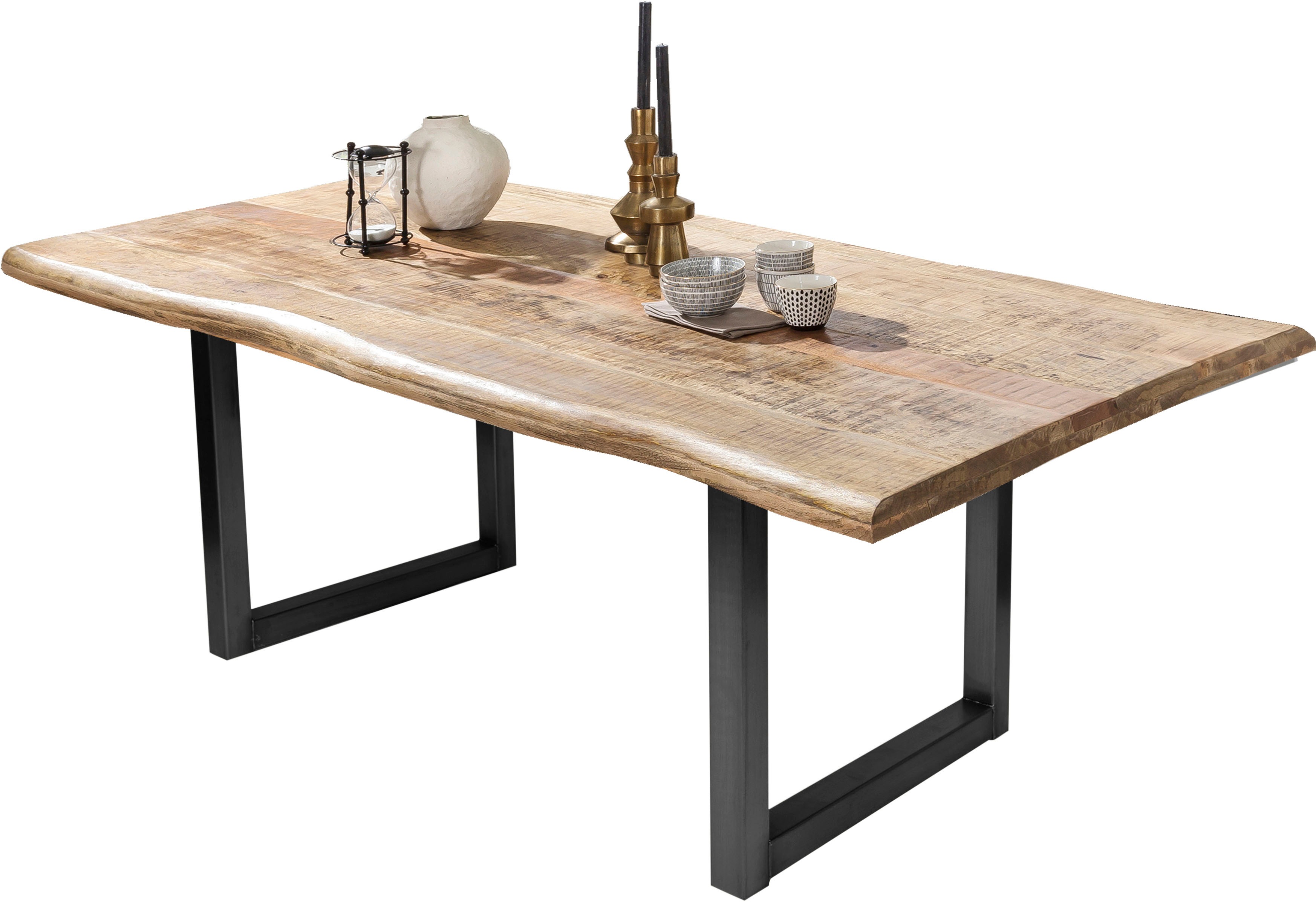 Baumkantentisch SIT, braun (natur, antikschwarz, antikschwarz, natur), B:220cm H:76cm T:100cm, Platte Mango massiv, Gestell Metall, Tische, trendiges Kufen-Gestell Image
