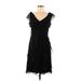 Adrianna Papell Casual Dress - A-Line V Neck Short sleeves: Black Print Dresses - Women's Size 8 Petite