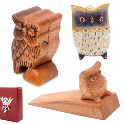 'Wood Owl Puzzle Box Statuette and Door Stop Curated Gift Set'