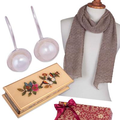 Sophisticated Hues,'Handcrafted Floral Alpaca and Pearl Curated Gift Set'