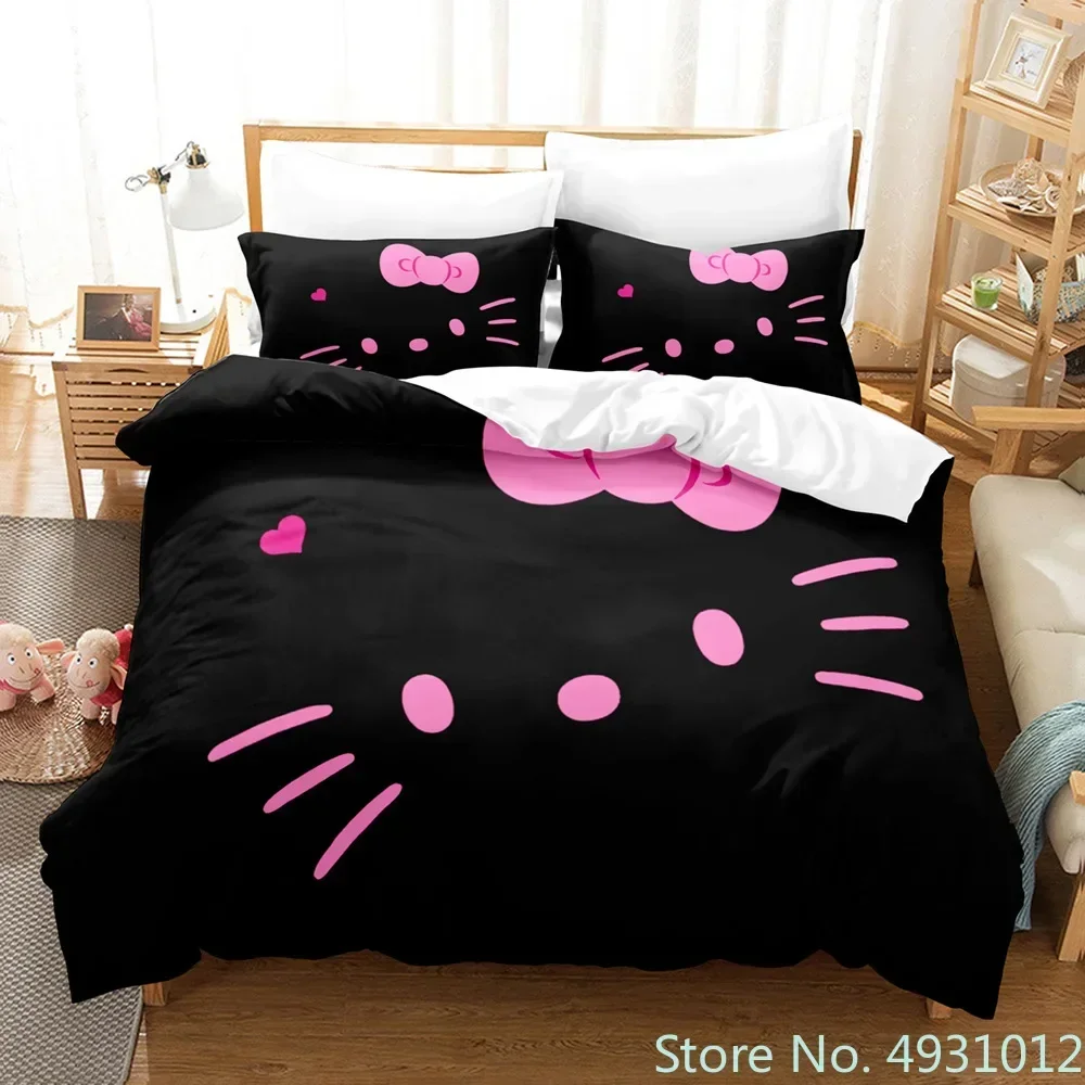 Ensemble de literie mignon Hello Kitty Love, literie Anime japonais, housse de couette imprimée en 3D, housse de couette athlon, taie d