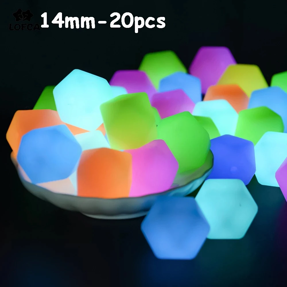 Lofca 20 pièces 14mm Mini perles lumineuses hexagonales brillent dans la nuit sans BPA Silicone marquage en vrac bricolage à croquer coloré pour les enfants