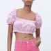 Zara Tops | Nwt Zara Poplin Crop Top Pink / White | Puff Sleeves | Xs | Ref 3042/678 | Color: Pink/White | Size: Xs