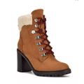 Nine West Shoes | Nine West "Peer" Dark Natural Stock Block Heel Sherpa Cuff Ankle Boots/Booties | Color: Tan/White | Size: 11