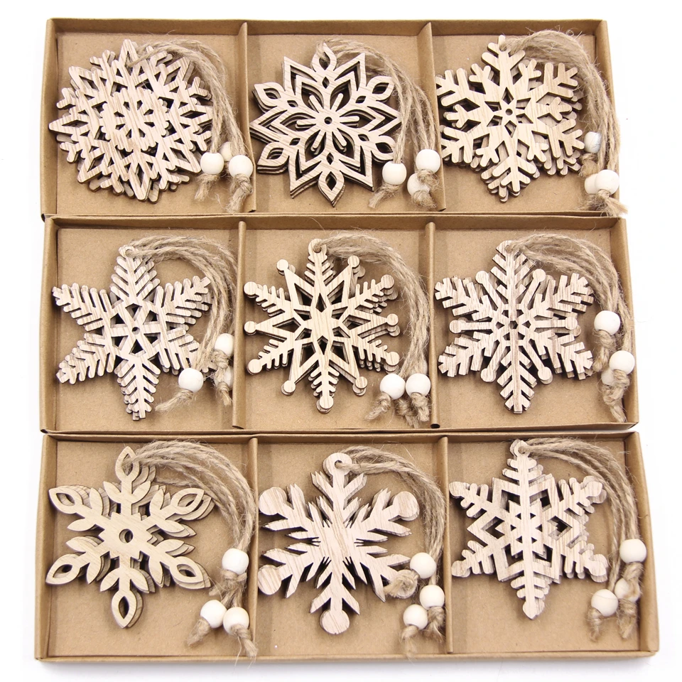 Flocon de neige creux en bois pour Noël, ornements de Noël vintage, décorations d'arbre de Noel, cadeaux de peinture bricolage, 12 pièces par boîte