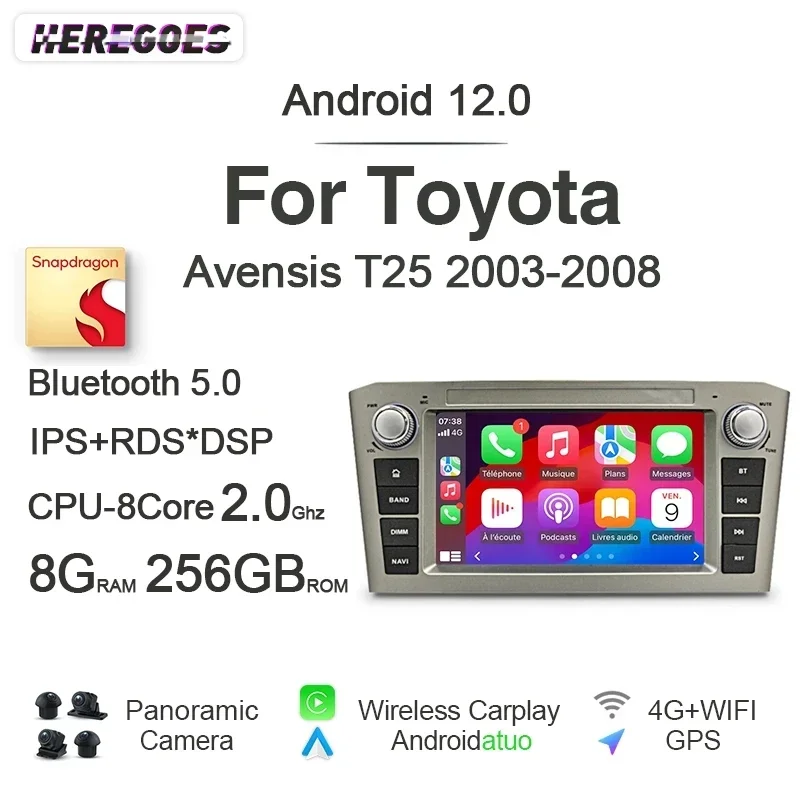 Carplay ips dsp autoradio 2 din android 12 2002 kamera für toyota avensis t25 2013-2018 auto navigation gps 8gb 2008 gb bluetooth Image