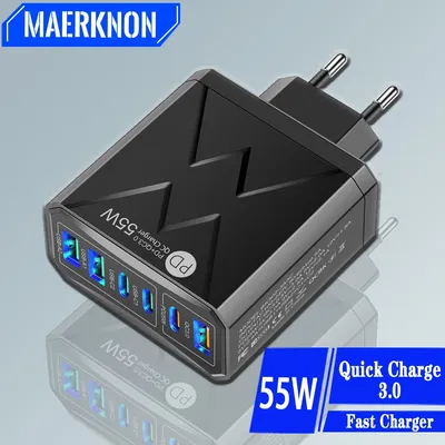 6 Ports USB C Ladegerät 55W PD Schnell ladegerät Handy Ladegerät Schnell ladung für iPhone Xiaomi 13 Huawei Samsung EU/US/Kr Stecker