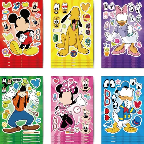 12 Blatt Disney machen ein Gesicht Puzzle Aufkleber Mickey Mouse Donald Ente Kinder montieren Puzzle