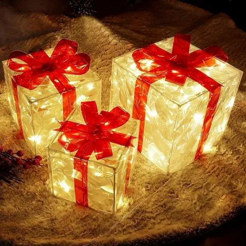 Set von 3 Weihnachten 60 LED beleuchtete Geschenk boxen transparente warmweiß beleuchtete