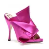 Sommer Reine Farbe Satin Bogen Knoten Offene spitze Hausschuhe Marke 10cm High Heels Sexy Frauen Sandalen Rose Rot Grün mädchen Schuhe Größe 34-44