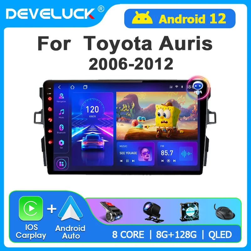 Develuck 2 Din Android 12 Autoradio für Toyota Auris E150 2006–2012 Carplay Auto DVD GPS Stereo Multimedia Player Autoradio