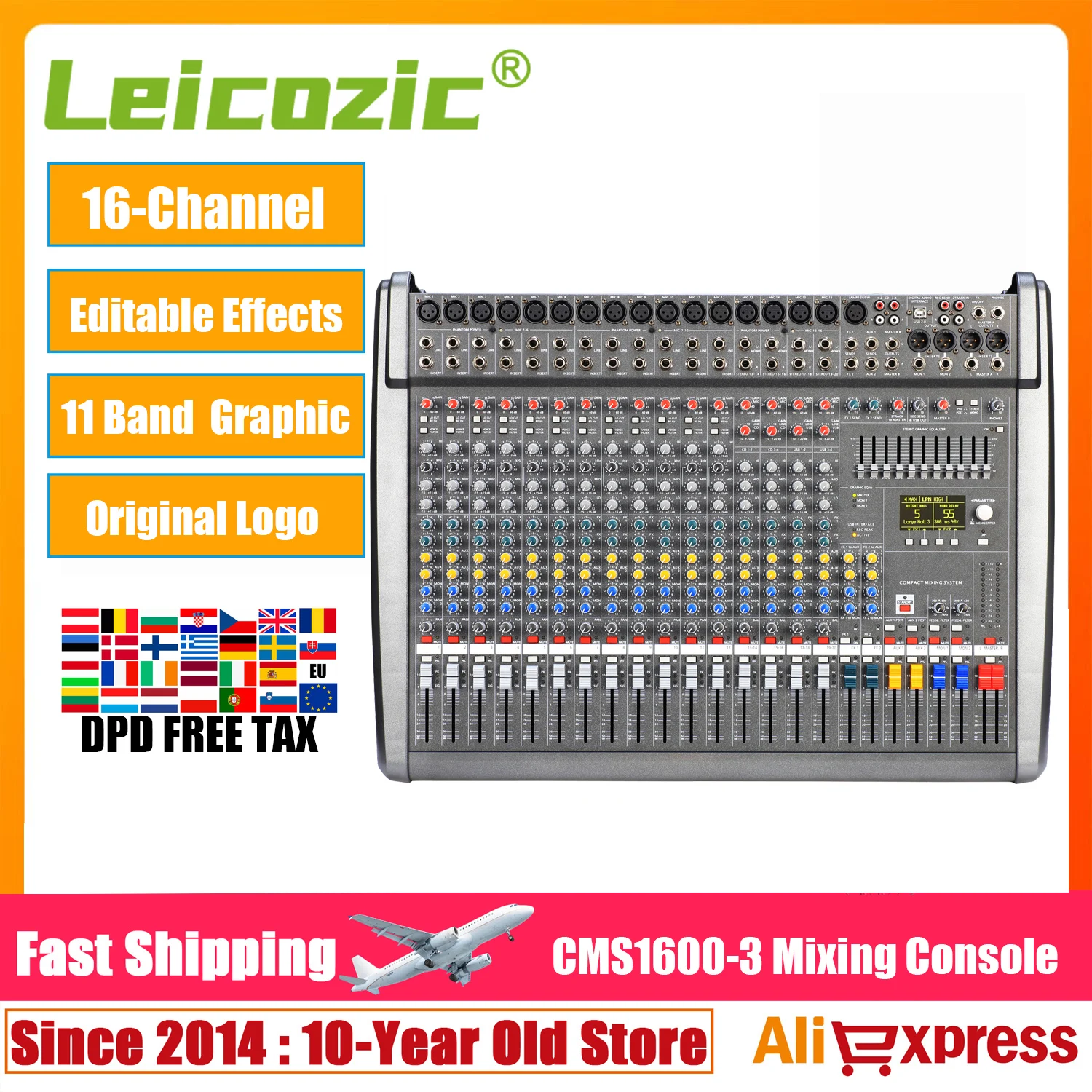 Leicozic CMS1600-3 Professionelle 16-Kanal-Audiomischerkonsole, kompakter Mischpult für Bühne, Kirche, Studio, Mesa De Som Image