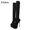 Eilyken 17CM Plattform Heels Frau Über Knie Winter Boot Frauen Schwarz Stricken Runde Kappe Oberschenkel Hohe Lange Socken dame Schuhe