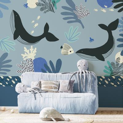 Papier peint panoramique enfant baleines bleu 375x250cm