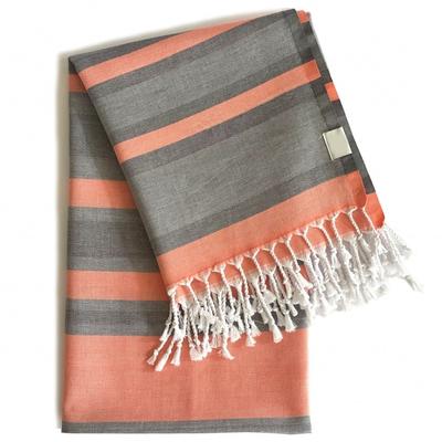 Peach and Dark Grey Striped Design Turkish Beach Blanket - 6' x 7'