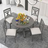 5-Piece Retro Dining Set: Extendable Round Table, 4 Upholstered Chairs - Perfect for Dining and Living Rooms