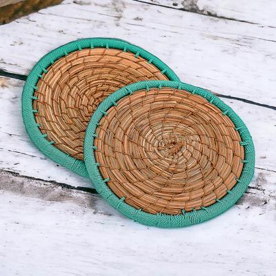 Latin Toast in Green,'Handcrafted Pine Needle and Polyester Green Coasters (Pair)'