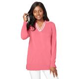 Plus Size Women's Fine Gauge Contrast Tipped Collar Sweater by Jessica London in Tea Rose White (Size 2X)