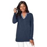 Plus Size Women's Fine Gauge Contrast Tipped Collar Sweater by Jessica London in Navy White (Size L)