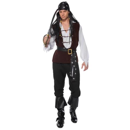 Male Pirate Costume,Adult Suit Cosplay Halloween Pirates of the Caribbean Costume Party Performance Stage Costume A,XXL