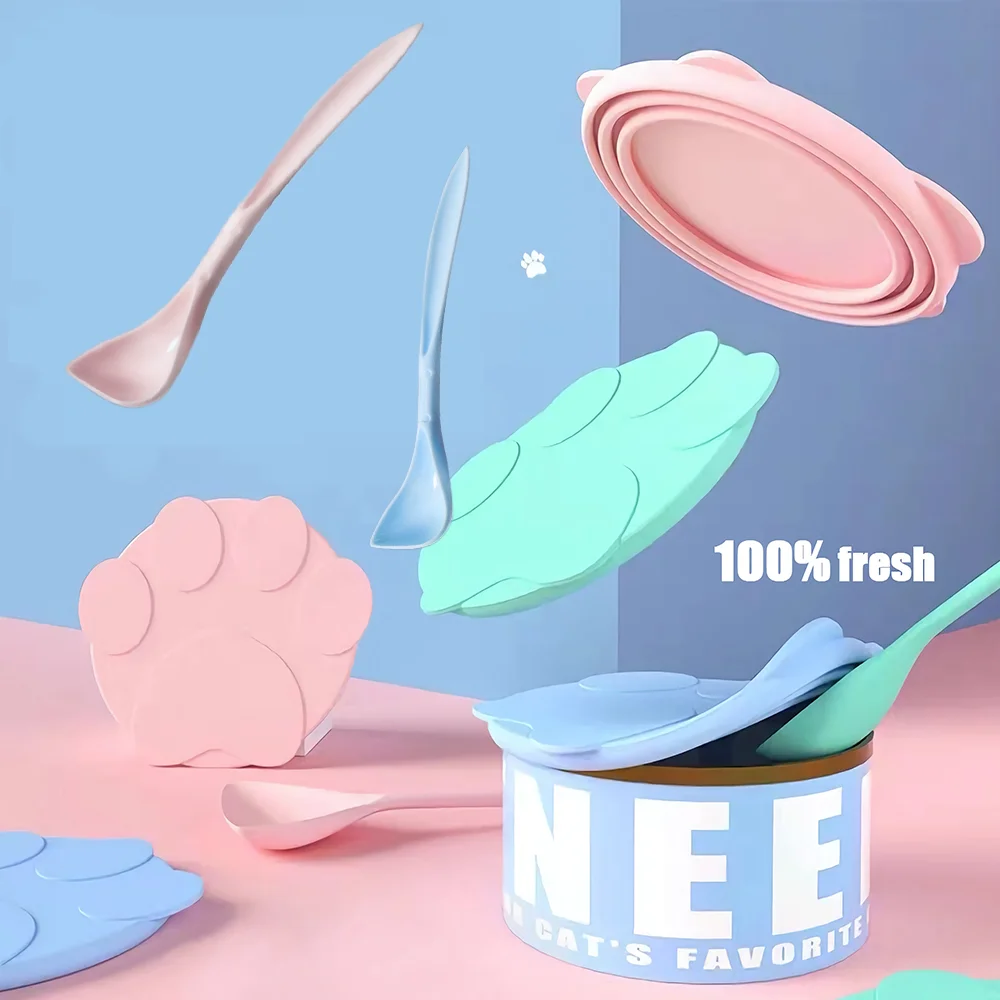 Couvercle de stockage de boîte de conserve en forme de patte de chat mignon, couvercle de boîte réutilisable pour aliments pour animaux de compagnie 2 en 1, couvercle de conservation des aliments