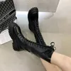 Frauen Motorrad Stiefel Keile Flache Schuhe Frau High Heel Plattform PU Leder Stiefel Lace Up Frauen Schuhe Schwarze Stiefel Girls2021