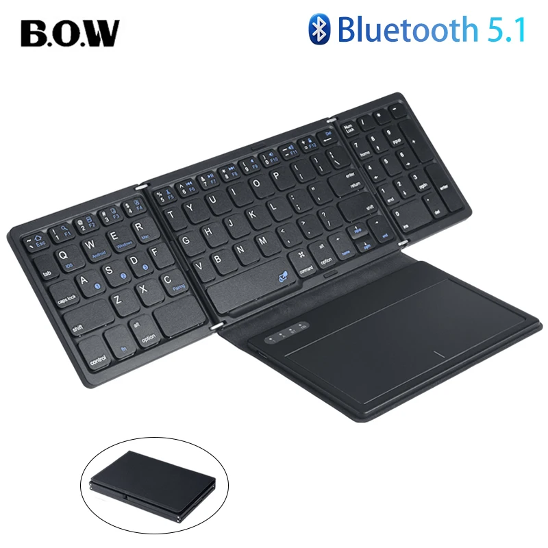 BOW faltbare Bluetooth-Tastatur mit Touchpad-Tasche, zusammenklappbare Tastatur für Laptop, Telefon, Tablet, kabellose wiederaufladbare Tastatur Image
