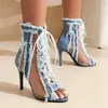 Gebürstete Fransen Denim Jeans Punk Gothic Schnürung Sommer Damen Stiefel Peep Toe Dünne High Heels Blaue Stiletto Stiefel Sandalen Größe 46