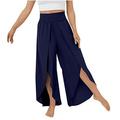 RYRJJ Chiffon Wide Leg Dress Pants for Women Flowy Palazzo Pants Casual Split High Waisted Summer Beach Cropped Trousers with Pocket(Dark Blue XXL)