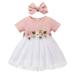 Fimkaul Girls Dresses Floral Ribbed Short Sleeve Mesh Embroidered Tulle Ball Gown Hairband Princess Set Clothes Dress Baby Clothes Pink