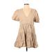 Zara Casual Dress - Mini V Neck Short sleeves: Tan Solid Dresses - Women's Size Small