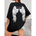 T-Shirt à Manches Courtes en Coton pour Femme Vêtement de Rue Hip Hop Dark Angel Wing Imprimé