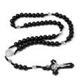 Collier chapelet en perles de bois faites à la main, noir, pour femmes et hommes, croix chrétienne, vierge marie, Crucifix, pendentif, chaîne, bijoux religieux