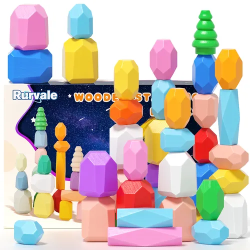40 Stück Holzstapel Felsen Spielzeug Montessori Spielzeug für 1 2 3 Jahre alt Stapeln Spielzeug