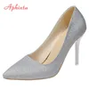 Aphixta Neue Bling Pailletten Leder Schuhe Frauen Hohe 10 cm Dünne Ferse Spitz Hochzeit Offizielle Pumpen Frau Große Größe 49 50