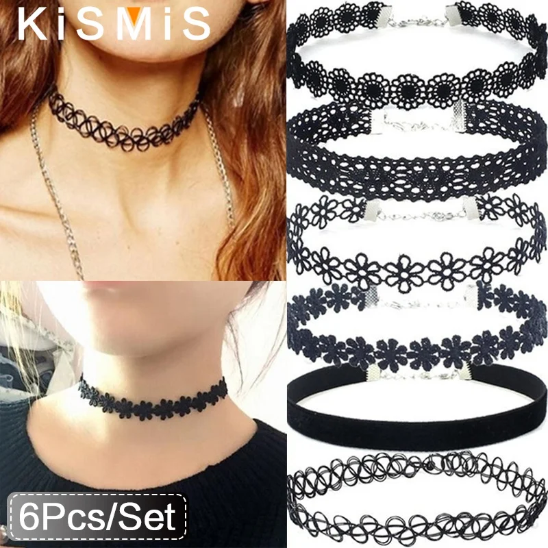 KISMIS 6 Teile/satz Schwarz Spitze Colliers Halskette Set Vintage Gothic Punk Elastische Halskette Frauen Schmuck 1Sets