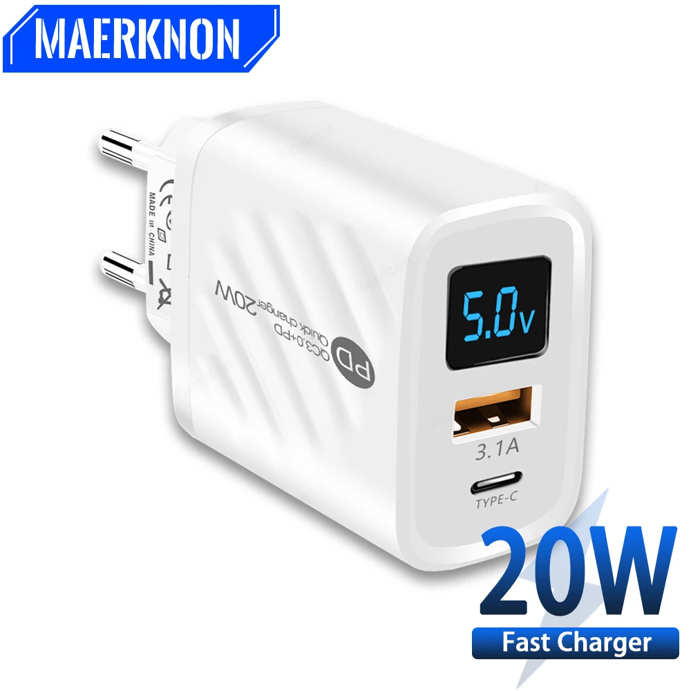 USB-Ladegerät, schnelles Aufladen mit LED-Digitalanzeige, 2 Anschlüsse, Schnellladung, PD-Ladegerät, Typ-C-Ladegerät, Mobiltelefon für iPhone Xiaomi Image