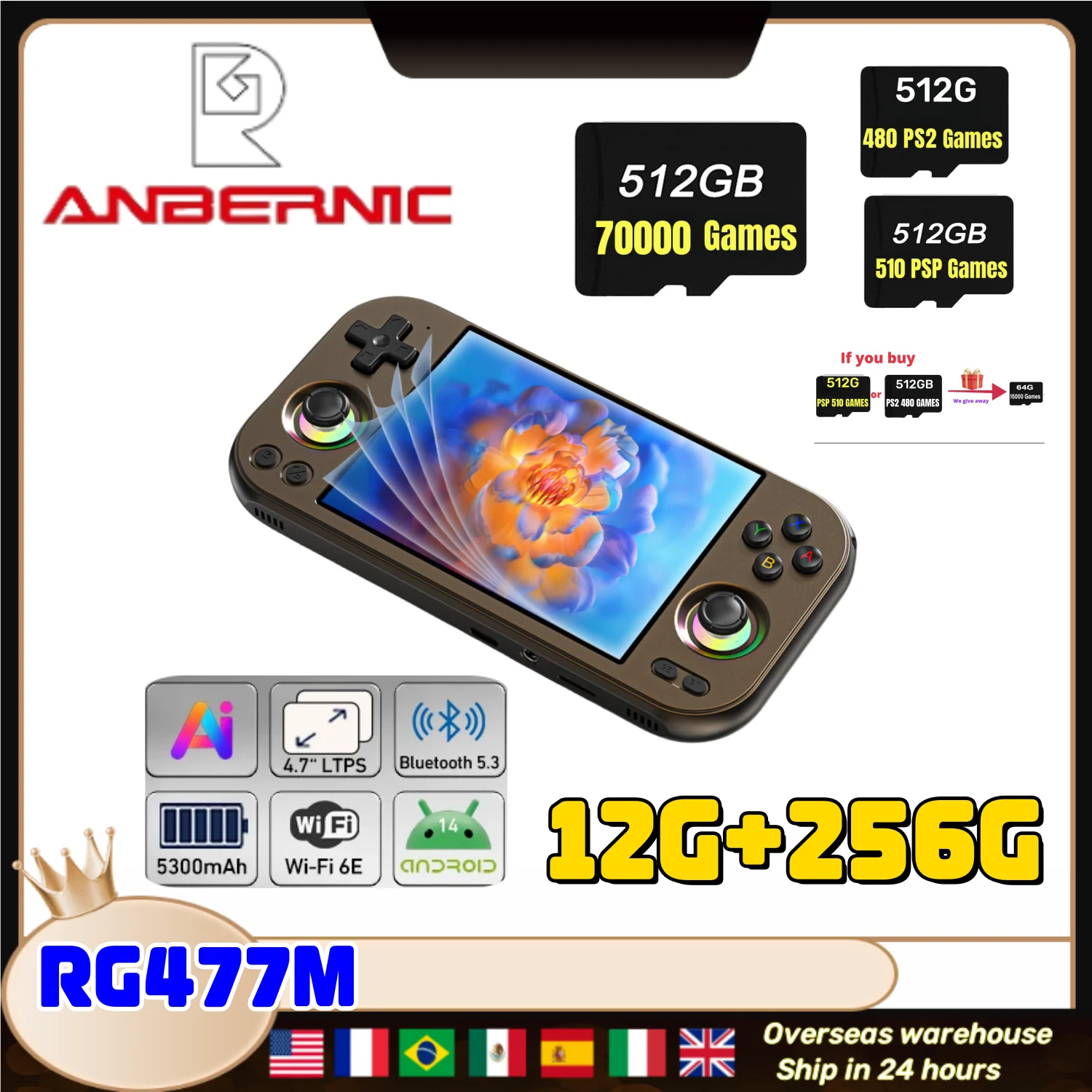 ANBERNIC RG477M Retro Handheld-Spiel-Video-Player-Konsole 4,7 Zoll LTPS OCA Android 14 Bluetooth WIFI 12G + 256G PSP PS2 RG 477M