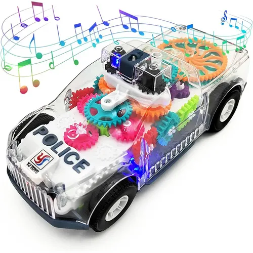 Beleuchten transparente Zahnräder Polizeiauto Spielzeug für Kinder stoßen und gehen Spielzeug auto