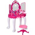 Pretend Play Girls Makeup Table Set with Stool Kids Vanity Set with Lights and Music Toddler Beauty Salon Set with Makeup Accessories Hair Dryer Girls Pretend Dressing Table Set with Magic Wand